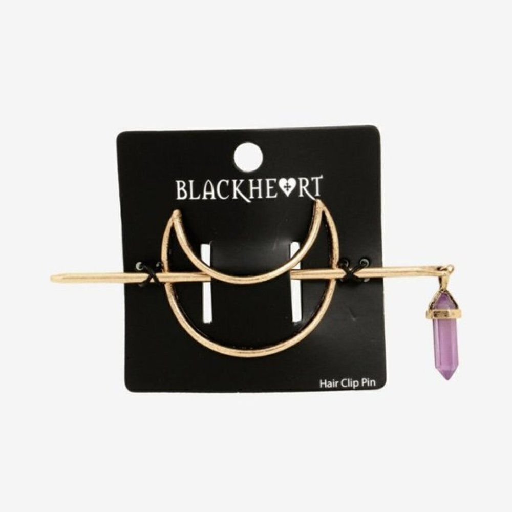Blackheart Crescent Mystic Moon Purple Crystal Elegant Gold toned, Hair Bun Pin